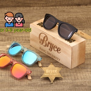 Occhiali da sole personalizzati per paggetto con distintivo, occhiali da sole per damigelle d'onore per bambini, regalo per testimone dello sposo junior, occhiali da sole per paggetto, regalo per paggetto