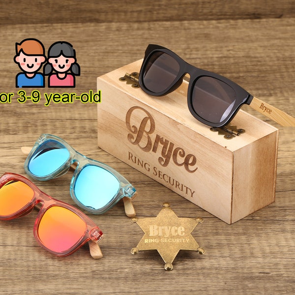 Lunettes de soleil personnalisées avec badge, lunettes de soleil pour fille d'honneur pour enfant, cadeau garçon d'honneur junior, lunettes de soleil pour garçon page, cadeau pour porteur d'anneau