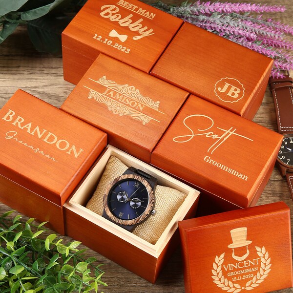 Personalized Wooden Watch Box , Engraved Wood Watch Case, Custom Groomsman Gift Box, Best Man Gift Box, Mens Gift Box, Bridesmaid Gift Box