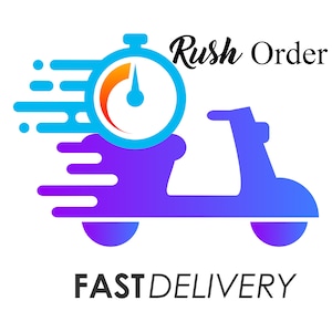 May include: A blue and purple scooter with a stopwatch on top. The stopwatch has a white face with an orange hand. The scooter is moving fast, with a blue and purple blur behind it. The text "Rush Order" is above the scooter, and the text "FAST DELIVERY" is below the scooter.