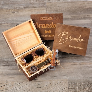 Groomsmen Gift Set, Personalized Wooden Watch, Wooden Sunglasses in Wooden Groomsmen Gift Box, Groomsmen Gift, Best Man Gift, Mens Gift image 1