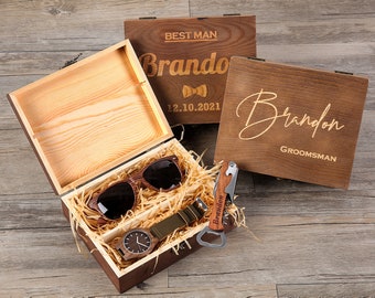 Groomsmen Gift Set, Personalized Wooden Watch, Wooden Sunglasses in Wooden Groomsmen Gift Box, Groomsmen Gift, Best Man Gift, Mens Gift