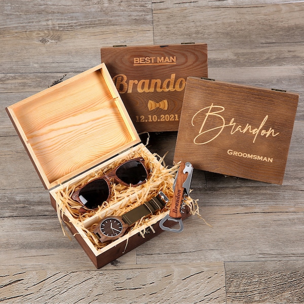 Groomsmen Gift Set, Personalized Wooden Watch, Wooden Sunglasses in Wooden Groomsmen Gift Box, Groomsmen Gift, Best Man Gift, Mens Gift