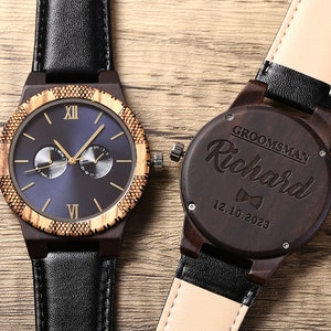 Groomsmen Day Date-horloges, gepersonaliseerd cadeau voorstel bruidsjonker, herenhorloge, optionele houten horlogedoos, aangepaste stalknecht cadeau, herencadeau