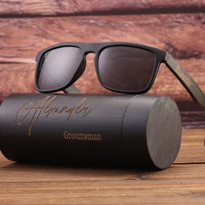 Gepersonaliseerde houten herenzonnebril met houten kist, cadeau-idee bruidsjonkers, unisex zonnebril, herencadeau, bruidsjonkers zonnebril, cadeau getuige