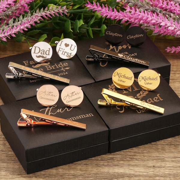 Groomsmen manchetknopen stropdas clip set, aangepaste houten manchetknopen voor mannen, gepersonaliseerde manchetknopen en stropdas clip, beste man cadeau, vrijgezellenfeest cadeau