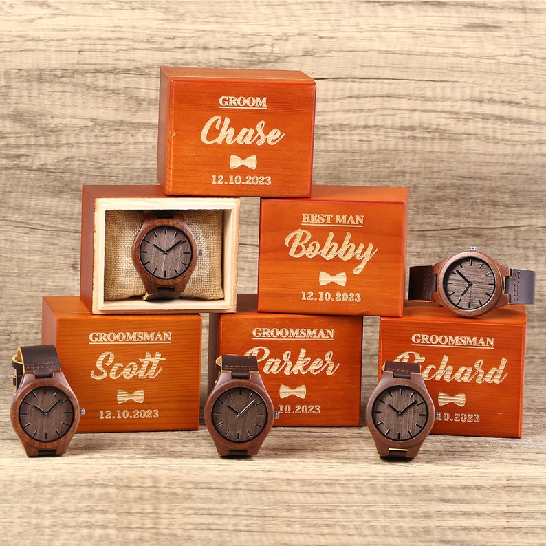 Groomsmen Watch, Personalized Walnut Wooden Watch, Groomsmen Proposal Gifts, Optional Watch Box, Custom Groomsman Gift, Best Man Gift image 1