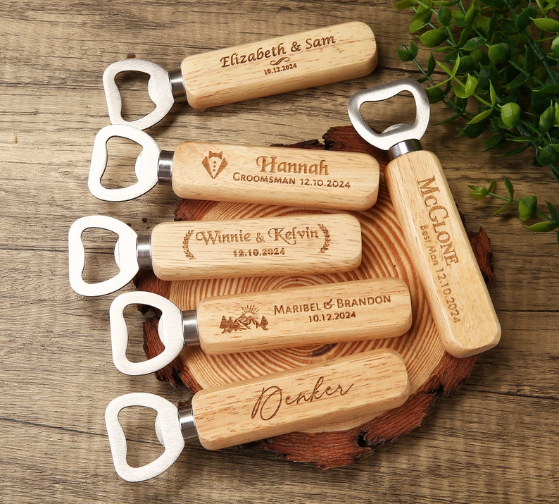 5 10 50 Bulk Custom Wooden Bottle Opener, Wedding Favors for Guests, Personalized Groomsmen Gift, Party Favors, Business Promotional Items image 3