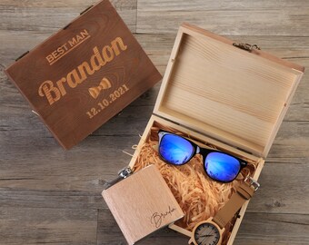 Coffret cadeau garçons d'honneur, montre en bois personnalisée, lunettes de soleil en bois dans une boîte cadeau garçons d'honneur, fiole de garçons d'honneur, cadeau pour homme d'honneur, cadeau pour homme