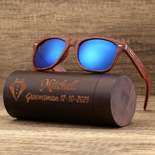 Personalisierte Walnussholz-Sonnenbrille, Holz-Zylinder-Sonnenbrillen-Box, Unisex-Sonnenbrille mit Gravur, Holzkiste, Geschenk für Männer, Geschenk für Trauzeugen