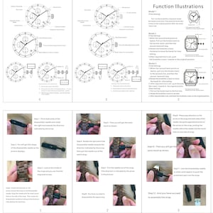May include: A set of instructions for setting the time and date on a chronograph watch. The instructions are illustrated with diagrams of the watch face and hands. The instructions also show how to assemble and disassemble a wooden watch strap.