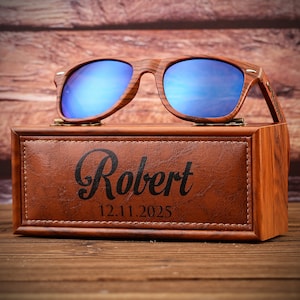 Gegraveerde houten zonnebril in leren doos, gepersonaliseerde unisex zonnebril, herencadeau, cadeau bruidsjonkers, zonnebril bruidsjonker, cadeau bruidegom