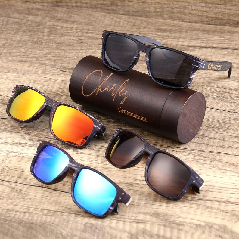 Personalized Polarized Wooden Sunglasses, Wooden Cylinder Sunglasses Box, Engraved Unisex Sunglasses, Wood Box, Mens Gift, Groomsmen Gift image 5