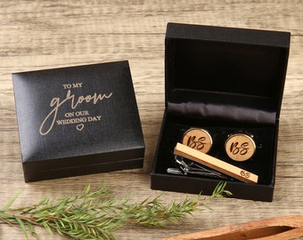 To My Groom Cufflinks Tie Clip Set, Groom Gift, Personalized Wooden Cufflinks for Men, Engraved Cufflinks & Tie Clip, Bachelor Party Gift