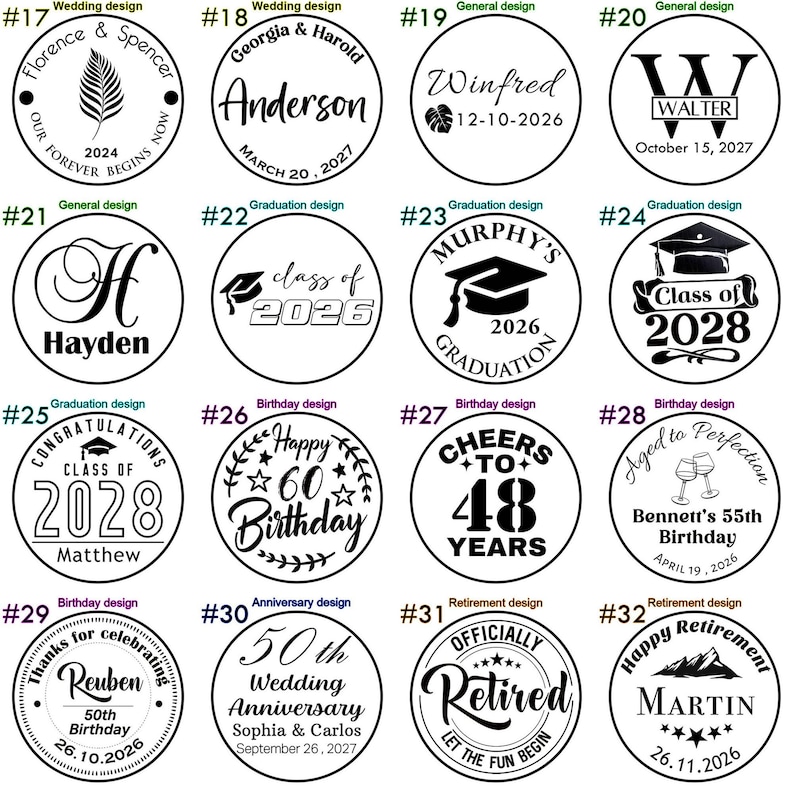 May include: A set of 32 round rubber stamps with various designs, including wedding, graduation, birthday, and retirement themes. Each stamp features a unique design and text, such as "Florence & Spencer", "Class of 2026", "Happy 60th Birthday", and "Officially Retired".
