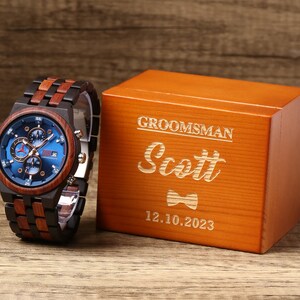 Montres de garçons d'honneur personnalisées, montre chronographe en bois, cadeau de proposition de garçon d'honneur, cadeau de garçon d'honneur personnalisé, cadeau d'anniversaire pour homme, cadeau pour homme image 1