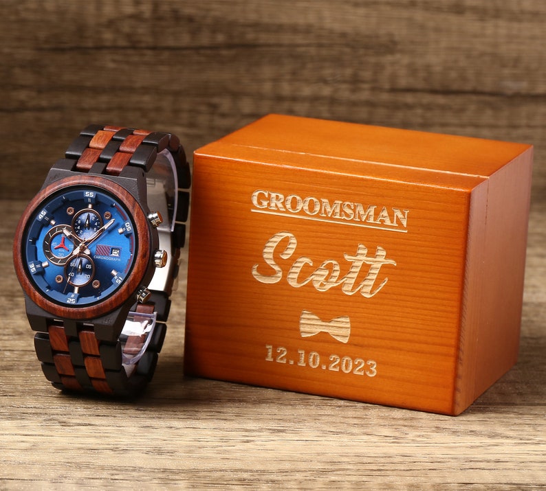 Montres de garçons d'honneur personnalisées, montre chronographe en bois, cadeau de proposition de garçon d'honneur, cadeau de garçon d'honneur personnalisé, cadeau d'anniversaire pour homme, cadeau pour homme image 1