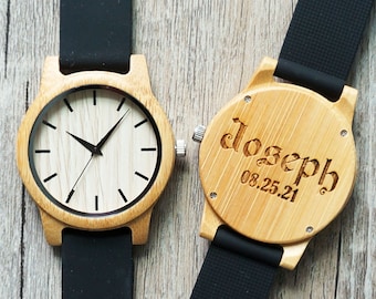 CLEARANCE: Personalized Bamboo Wooden Watch with wooden box, Engraved Watch, Custom Groomsman Gift, Best Man Gift, Father Gift, Mens Gift