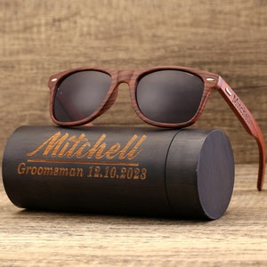 Gepersonaliseerde notenhouten zonnebril, houten cilinder zonnebrildoos, gegraveerde unisex zonnebril, houten kist, herencadeau, bruidsjonkers cadeau