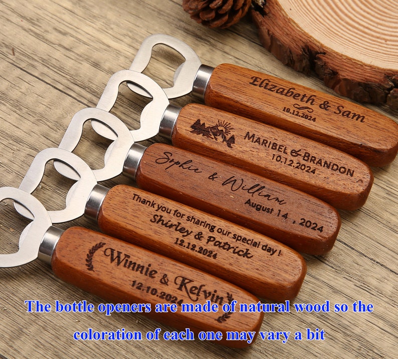 5 10 50 Bulk Custom Wooden Bottle Opener, Wedding Favors for Guests, Personalized Groomsmen Gift, Party Favors, Business Promotional Items image 8