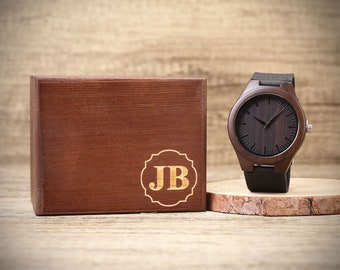 Personalized Ebony Wooden Watch with Optional Wooden Box, Engraved Mens Watch, Custom Groomsman Gift, Gifts for Him, Father Gift, Mens Gift