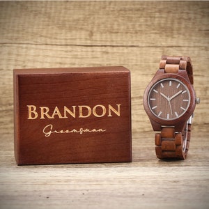Gepersonaliseerde notenhouten horloge voor heren, optionele horlogedoos, gegraveerd herenhorloge, stalknecht cadeau, getuige cadeau, vader cadeau, heren cadeau