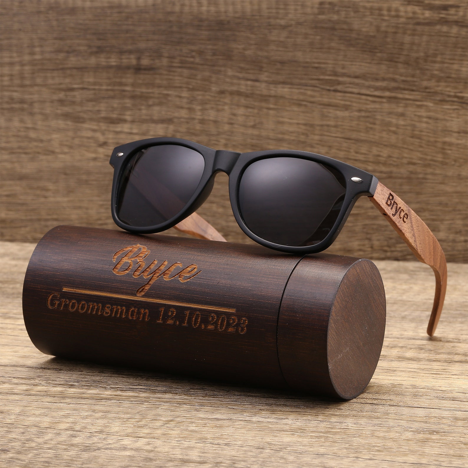 Engraved Polarized Walnut Wood Sunglasses
