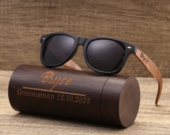 Personalized Polarized Walnut Wood Sunglasses, Cylinder Sunglasses Box, Engraved Unisex Sunglasses, Wood Box, Mens Gift, Groomsmen Gift