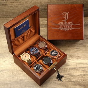 Personalized Watch Box with Lock & Key, Gift for Dad, Engraved Wooden Watch Case, Watch Box for Men, Mens Gift, Anniversary Gift