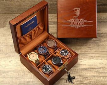 Personalized Watch Box with Lock & Key, Gift for Dad, Engraved Wooden Watch Case, Watch Box for Men, Mens Gift, Anniversary Gift