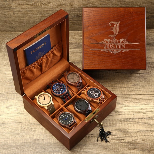 Personalized Watch Box with Lock & Key, Gift for Dad, Engraved Wooden Watch Case, Watch Box for Men, Mens Gift, Anniversary Gift