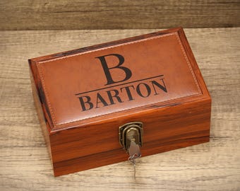 Elegant Wooden Keepsake Box with Vegan Leather, Key & Lock Box, Personalized Collector Storage Box, Memory Box, Wedding Box, Gift Box