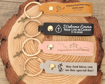 Bulk Personalized Baptism Favors for Guests, Leather Keychain Christening Gifts, Custom Godchild Keepsake, Religious Communion Favors