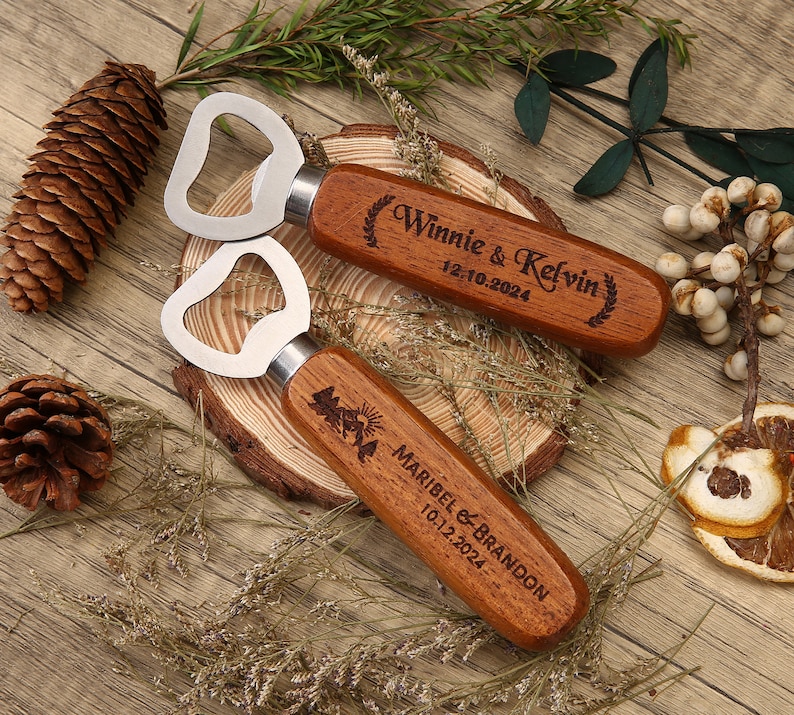 5 10 50 Bulk Custom Wooden Bottle Opener, Wedding Favors for Guests, Personalized Groomsmen Gift, Party Favors, Business Promotional Items image 6