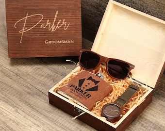 Groomsmen Gift Set, Personalized Watch, Sunglasses in Custom Groomsmen Gift Box, Groomsmen Proposal Gift, Groomsmen Flask, Best Man Gift