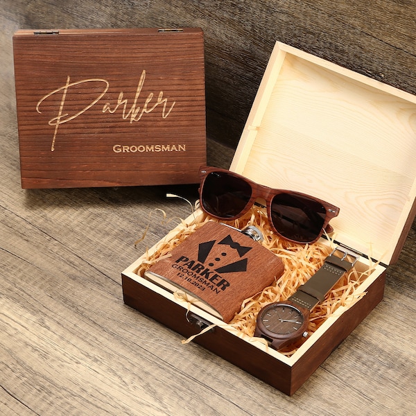 Groomsmen Gift Set, Personalized Watch, Sunglasses in Custom Groomsmen Gift Box, Groomsmen Proposal Gift, Groomsmen Flask, Best Man Gift