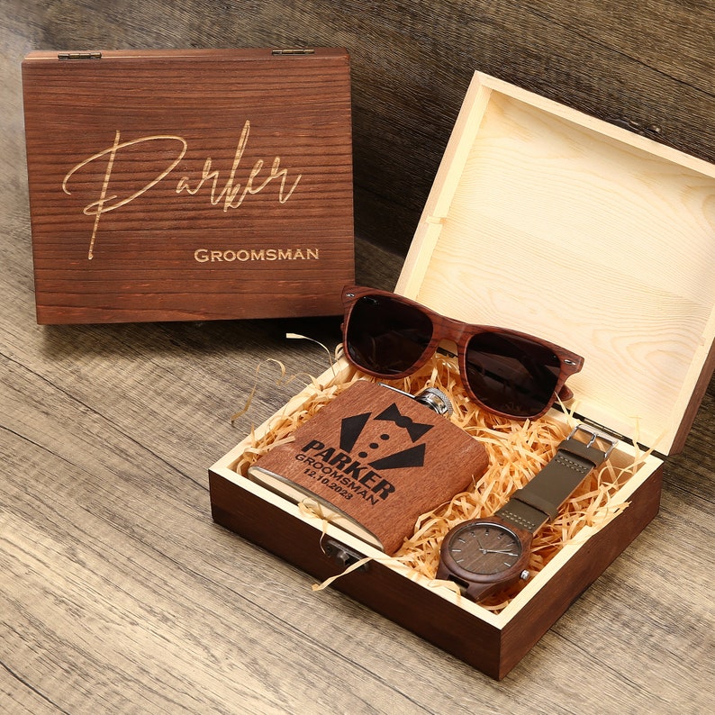 Groomsmen Gift Set, Personalized Watch, Sunglasses in Custom Groomsmen Gift Box, Groomsmen Proposal Gift, Groomsmen Flask, Best Man Gift All 3 items in box