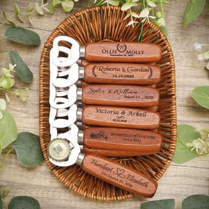 Abridor de botellas de madera personalizado al por mayor, regalos de boda para invitados, regalos personalizados para padrinos de boda, regalos de fiesta, artículos promocionales para empresas.