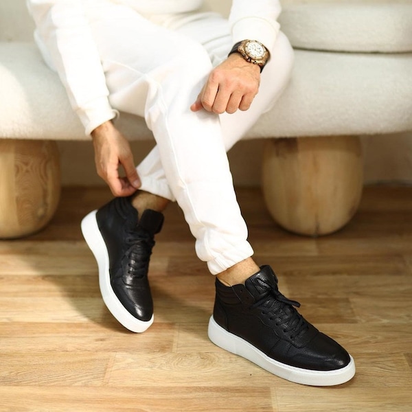 Men's Leather High Sneakers - Men's Sneakers - Black Men Shoes - Handmade Leather Footwear