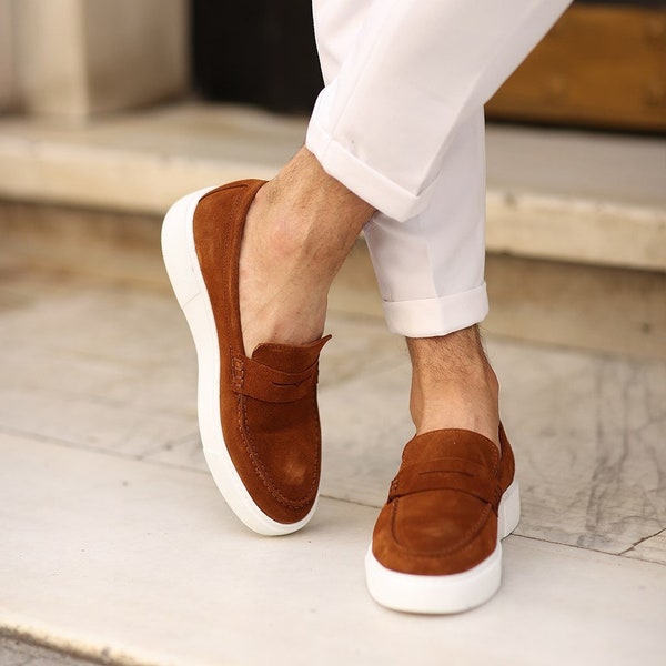 Genuine Leather Men Loafers - Tobacco Suede Men's Sneakers - New Season Men Shoes - Casual Male Shoe - Stylish Man Footwear