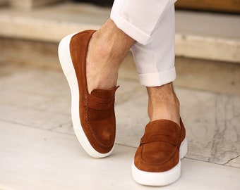 Genuine Leather Men Loafers - Tobacco Suede Men's Sneakers - New Season Men Shoes - Casual Male Shoe - Stylish Man Footwear