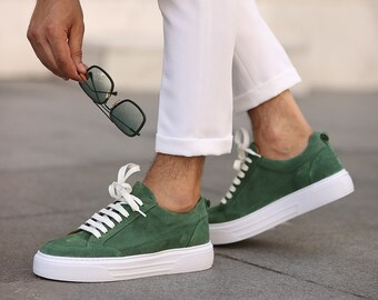 Genuine Leather Suede Mens Sneakers - Casual Shoes For Man - Green  Suede, White Sole Men Sneakers