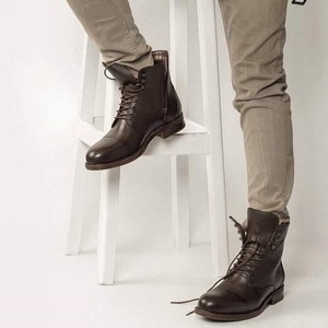 Mens Leather Boots, Handmade Boots, Zipper geniune leather boots, Wing Boots, Casual Boots, Mens Shoes, Chukka Boots,  Military Style Boots