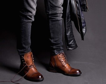 Men Handmade Brown Suede Ring style Boots with zip closure, Formal Ankle  Boots