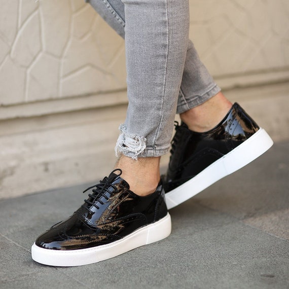 Genuine Leather Men Sneakers Black Patent Leather Men s Sneakers