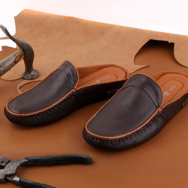 Chaussons pour hommes en cuir véritable faits à la main Pantoufles plates, Slip-Ons pour homme à la maison, Pantoufles turques, Pantoufles spéciales faites à la main, Cadeau de la fête des pères