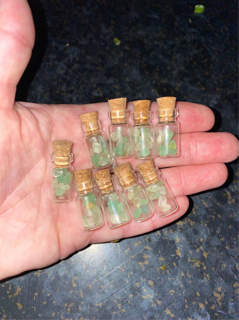 Individual miniature bottles with seaham Seaglass uv Seaglass inside . Uranium glass 10 available image 4