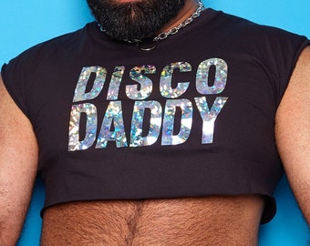 DISCO DADDY, sparkle on black - sleeveless crop.