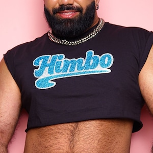 Himbo, blue/silver glitter on black - Sleeveless crop-top.