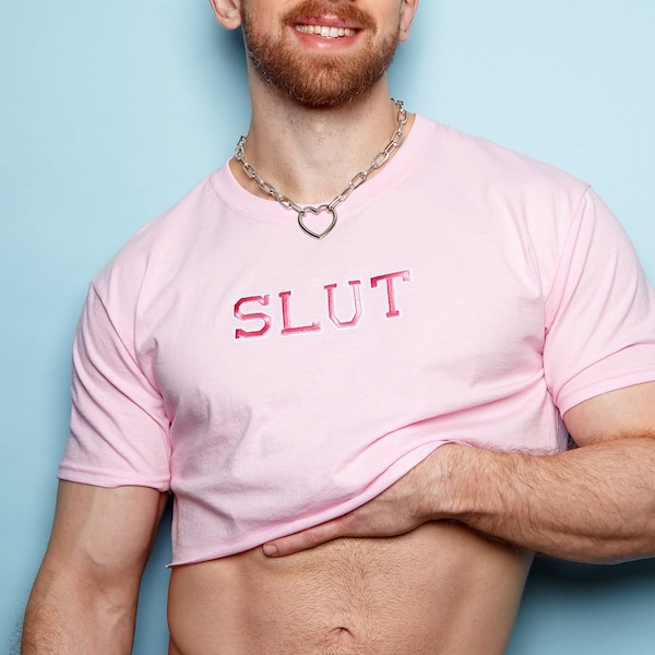 Varsity style sl*t embroidery on pink - crop top.